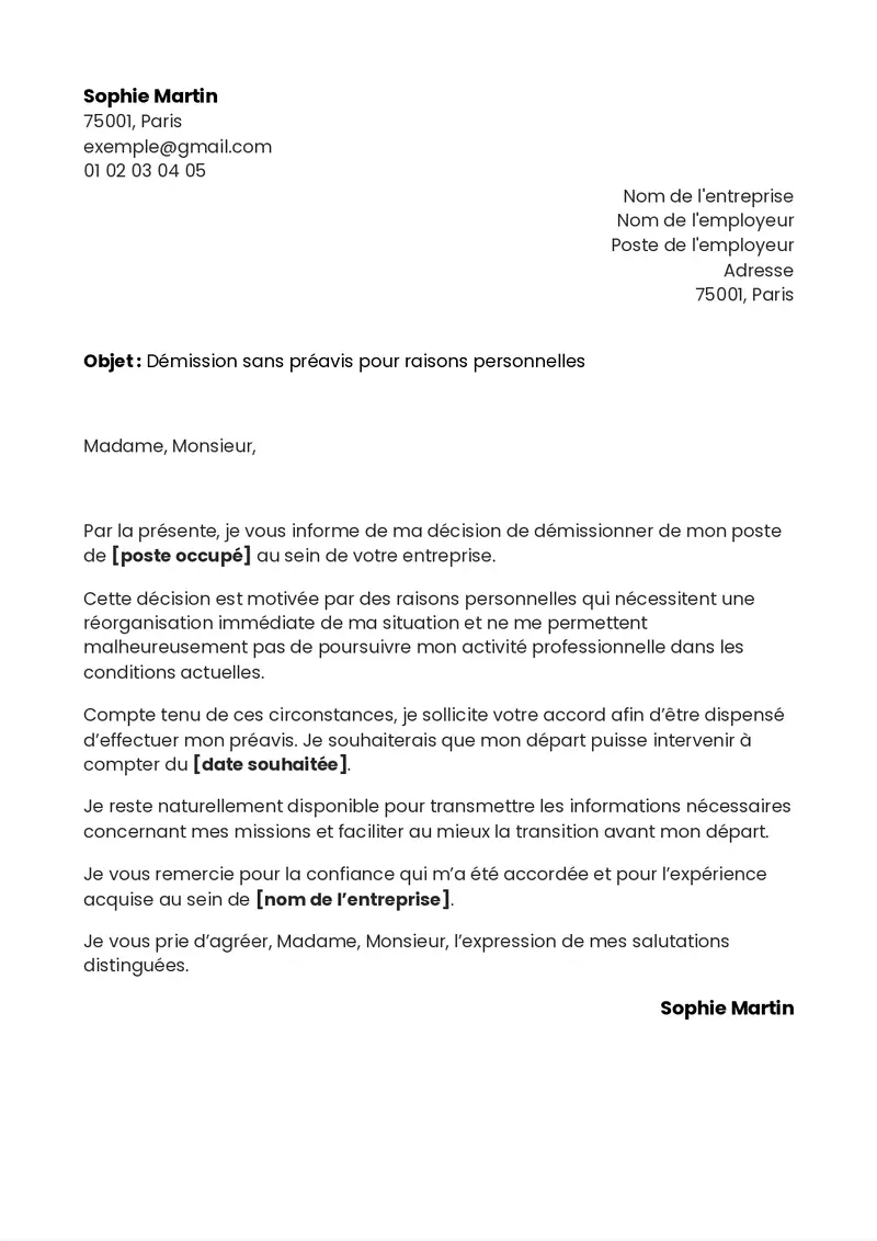 exemple de lettre de démission sans preavis pour une raison personnelle