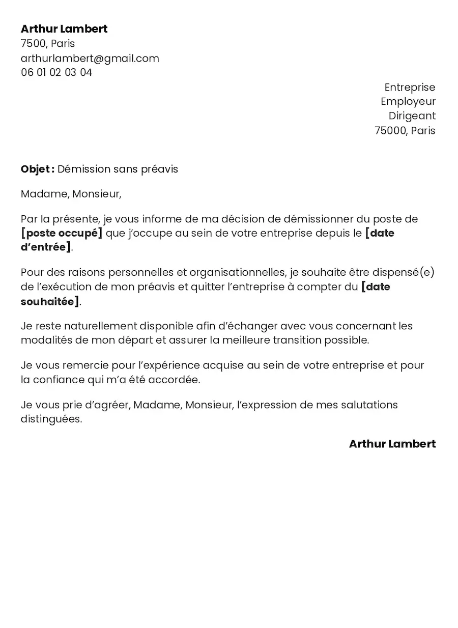 lettre de démission sans preavis à remplir en ligne