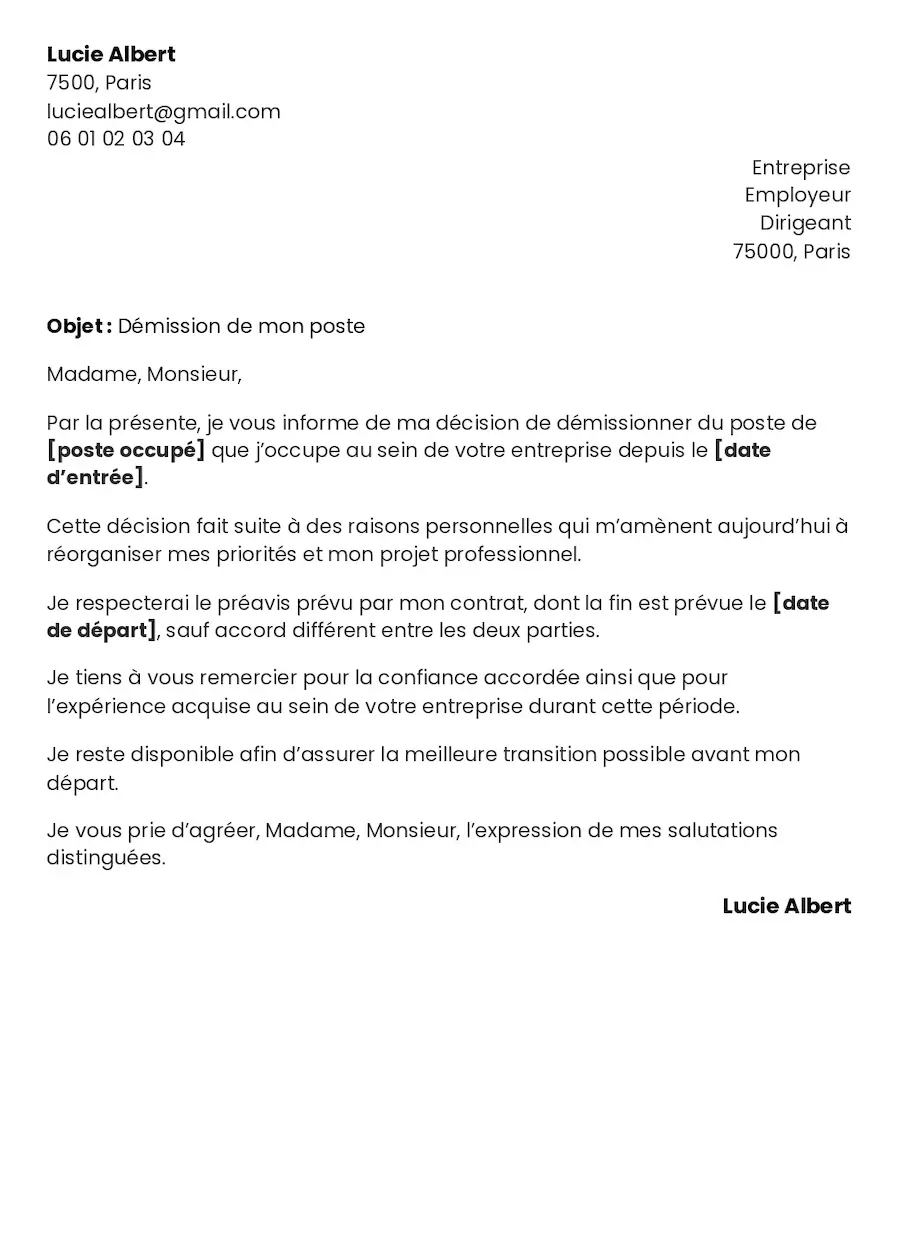 modèle de lettre de démission pour une alternance, un apprentissage dans l'exemple