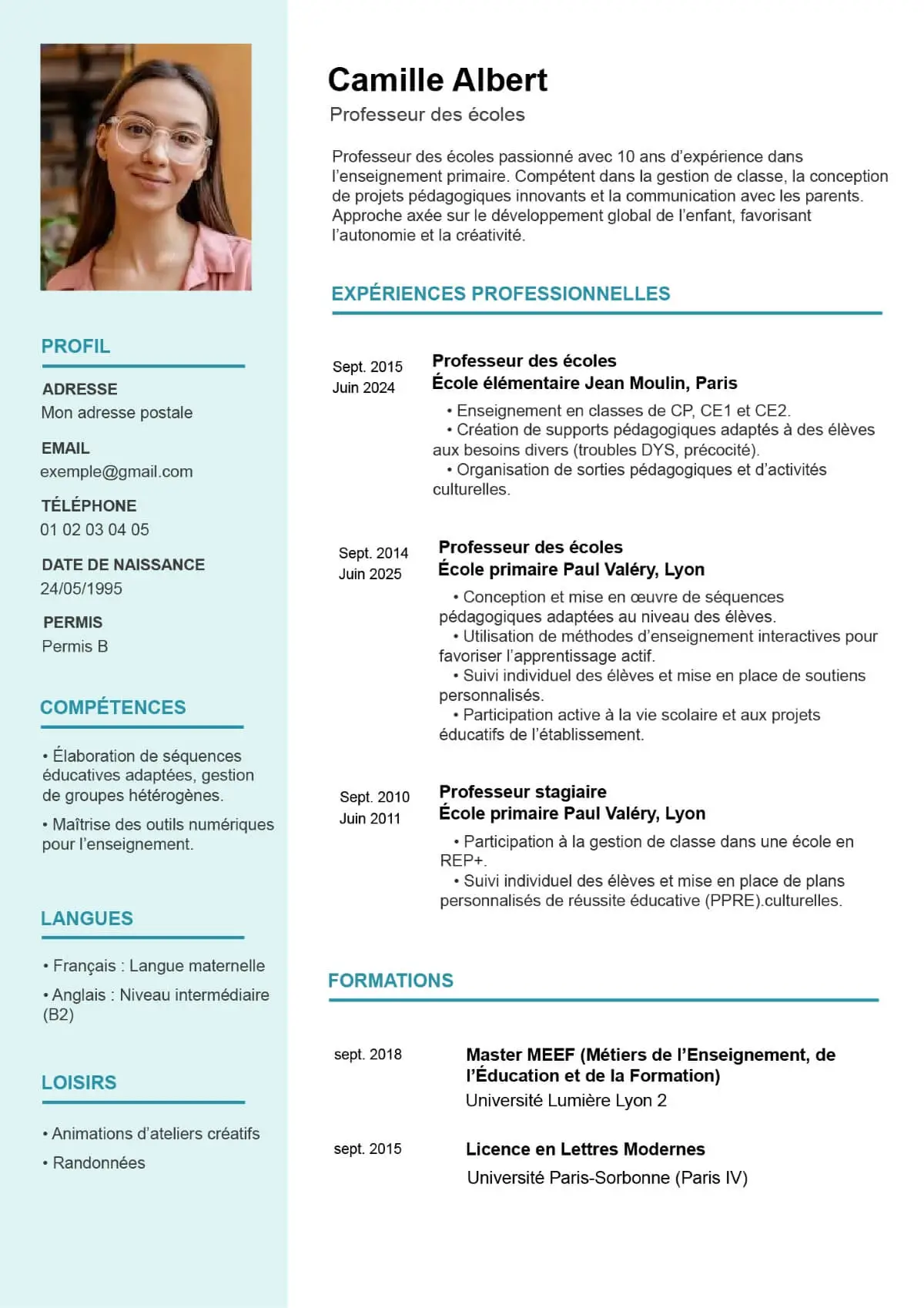 CV à créer pour professeur des écoles