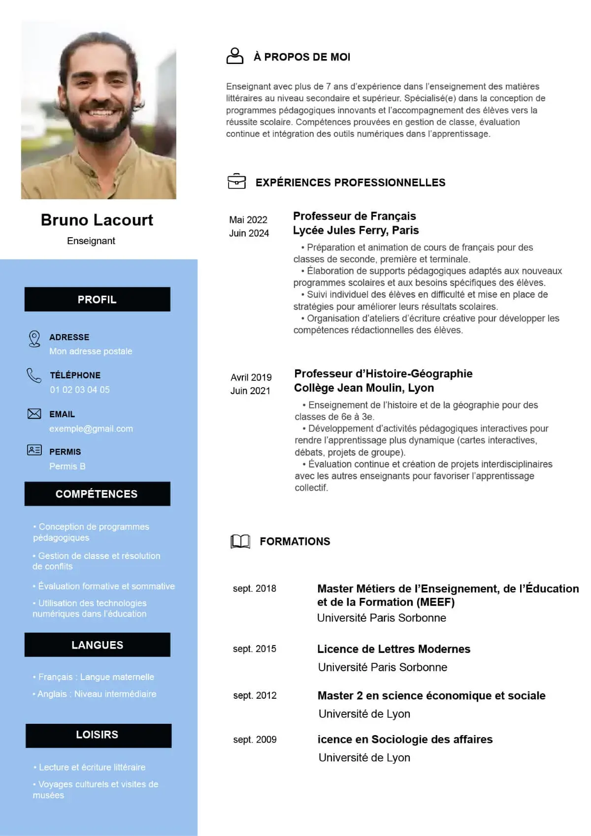 Exemple CV de CV pour enseignant