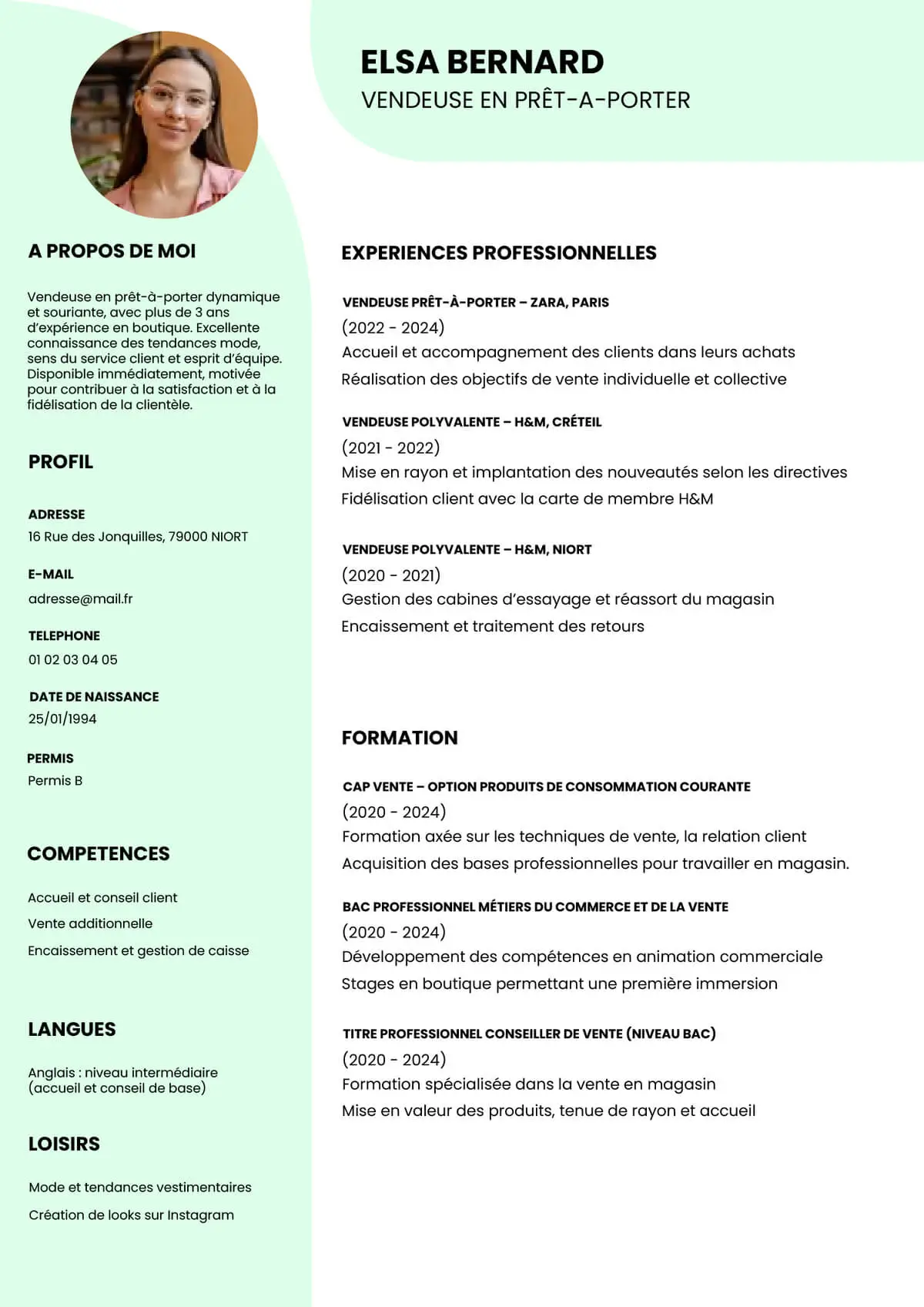 Curriculum Vitae pour vendeuse