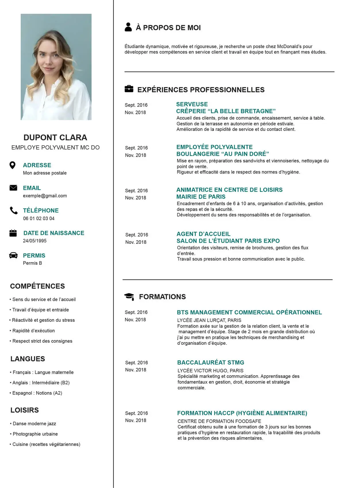 Curriculum Vitae pour travailler au McDo