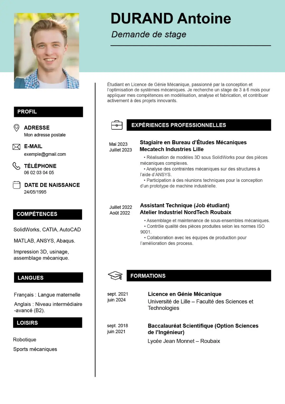 CV à télécharger pour faire un stage