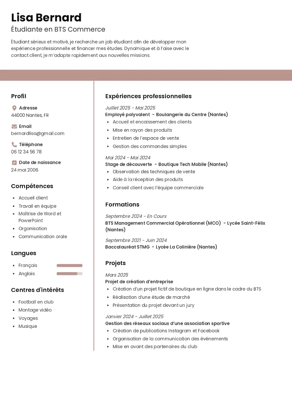 CV sans photo idéal pour étudiants