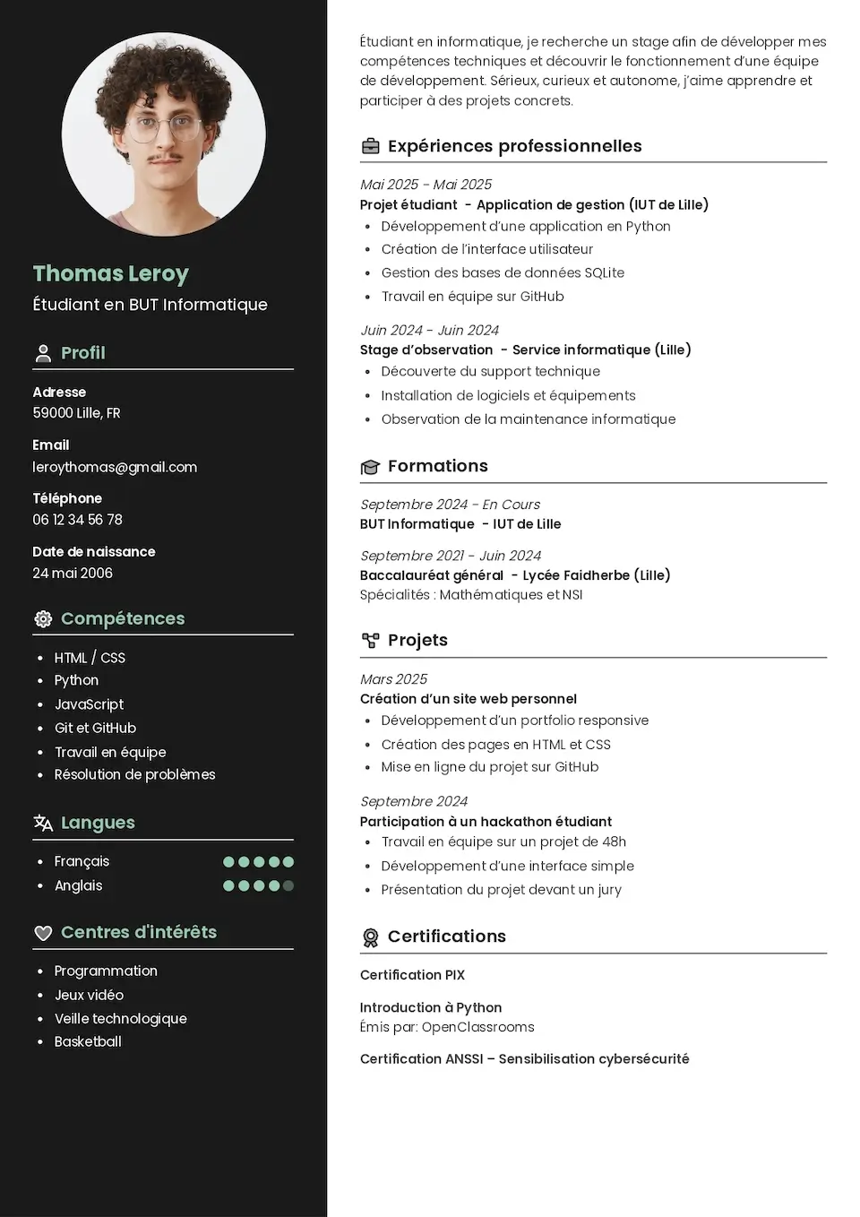 CV à remplir en ligne pour une demande de stage