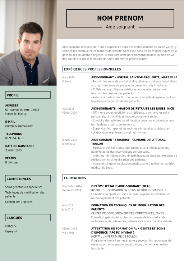 template de CV pour le métier d'aide soignante