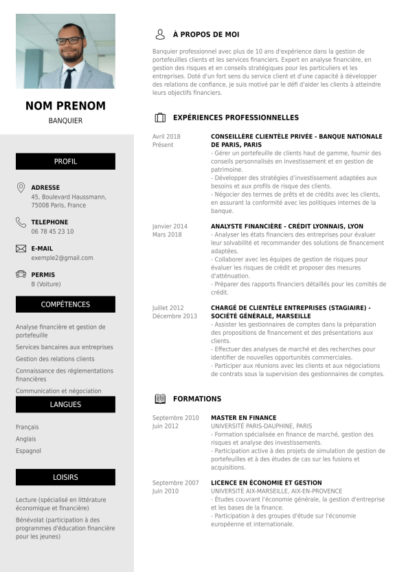 modele de Curriculum Vitae à remplir en ligne pour le métier de banquier