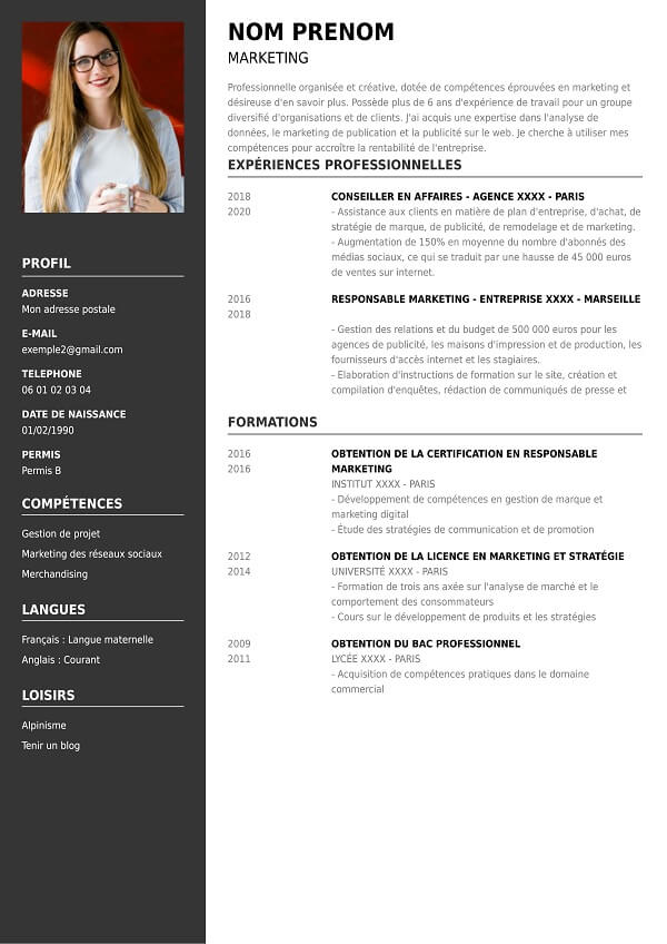 modèle CV classique pour marketing