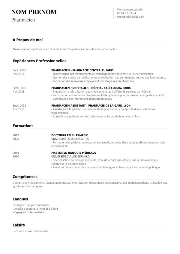 CV chronologique sans photo pour pharmacien