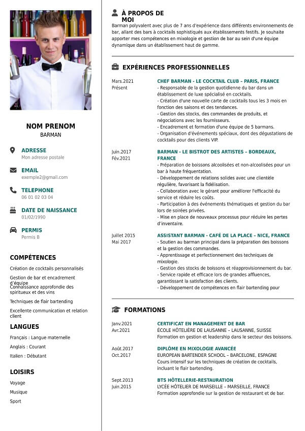 template CV PDF pour barman