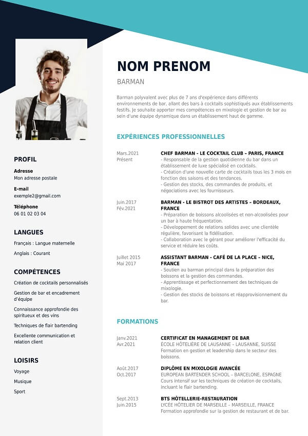 modele CV design pour barman