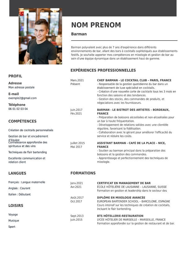 exemple curriculum vitae vierge pour barman