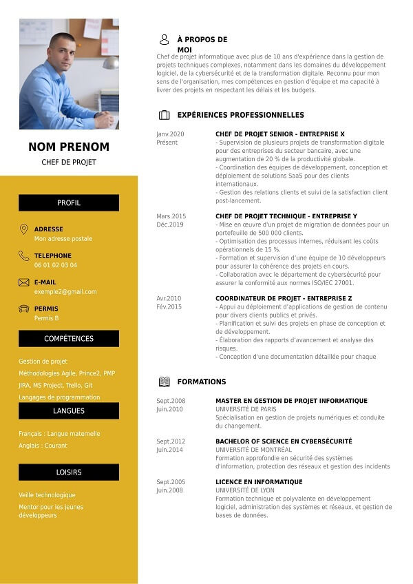 modèle CV en PDF à télécharger pour chef de projet