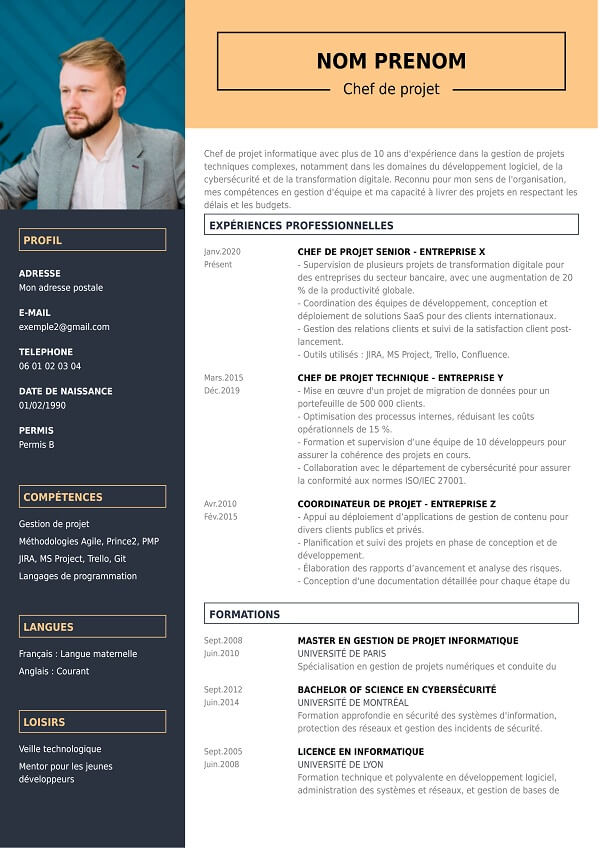 template CV moderne pour chef de projet