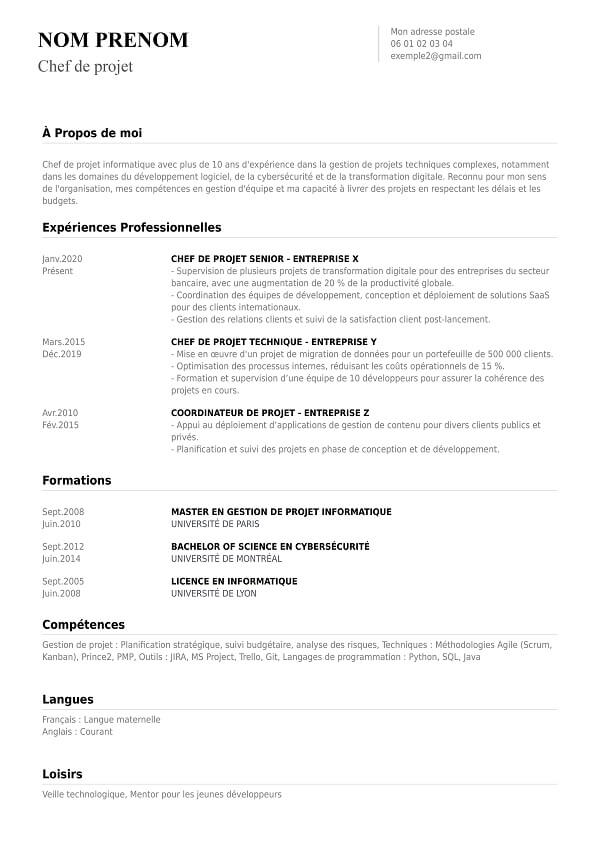 exemple CV chronologique pour chef de projet