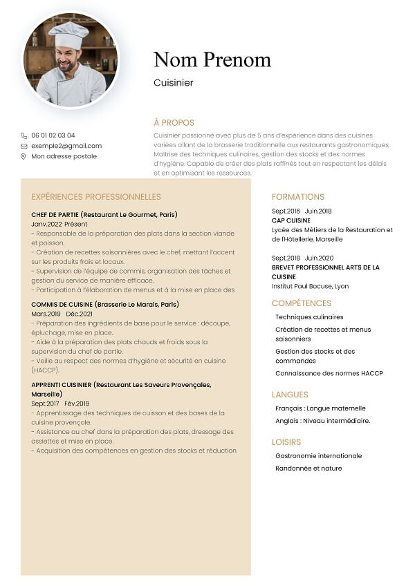 template CV marron pour cuisinier