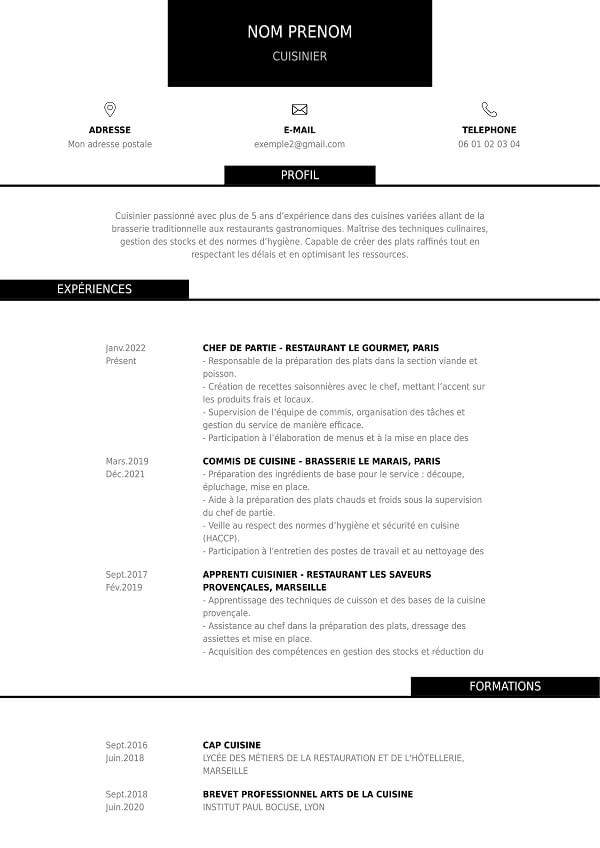 CV sans photo à télécharger pour cuisinier