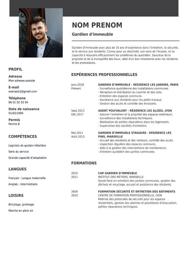 template curriculum vitae vierge pour gérdien d'immeuble