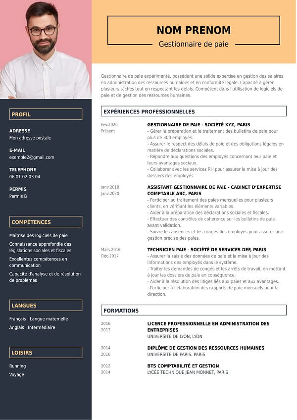 modele CV moderne pour gestionnaire de paie