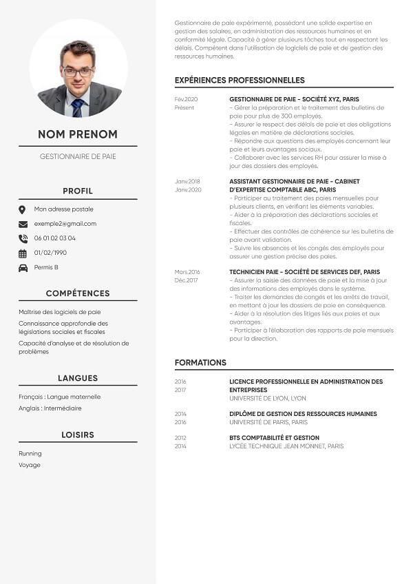 exemple CV gris pour gestionnaire de paie