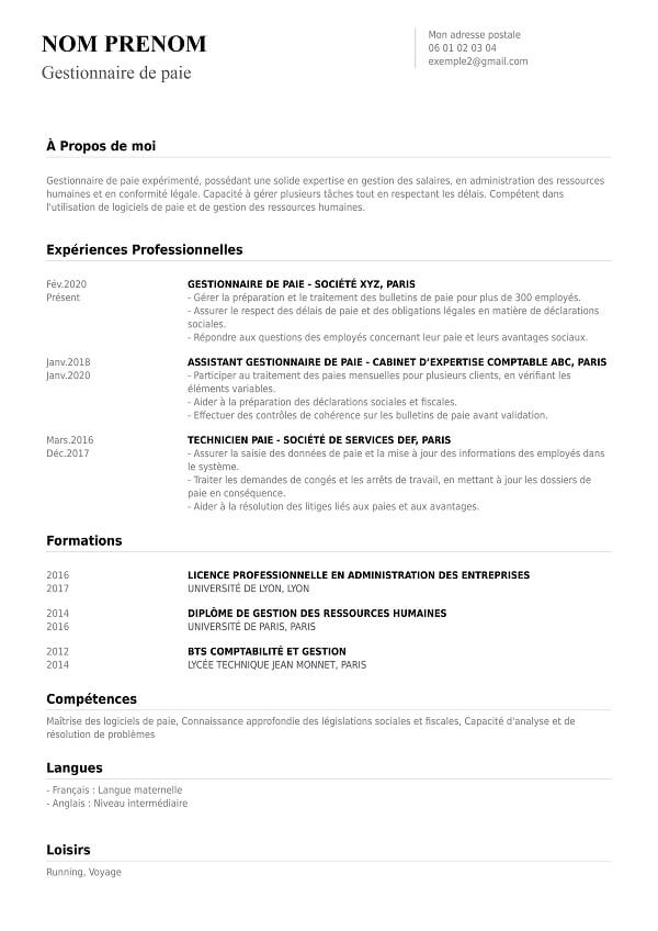 exemple CV chronologique pour gestionnaire de paie