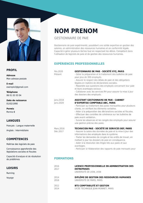 modele CV design pour gestionnaire de paie