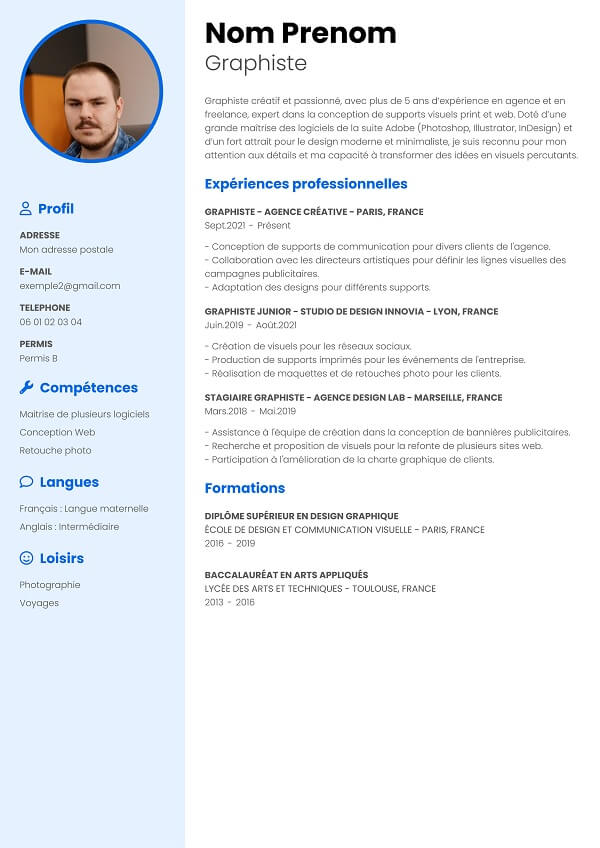 curriculum vitae bleu pour graphiste