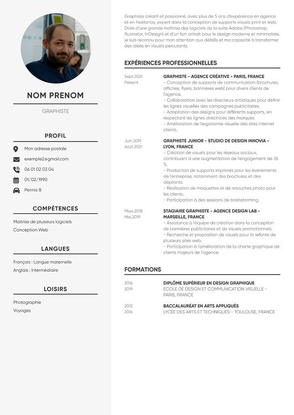 exemple de CV gris à télécharger pour graphiste