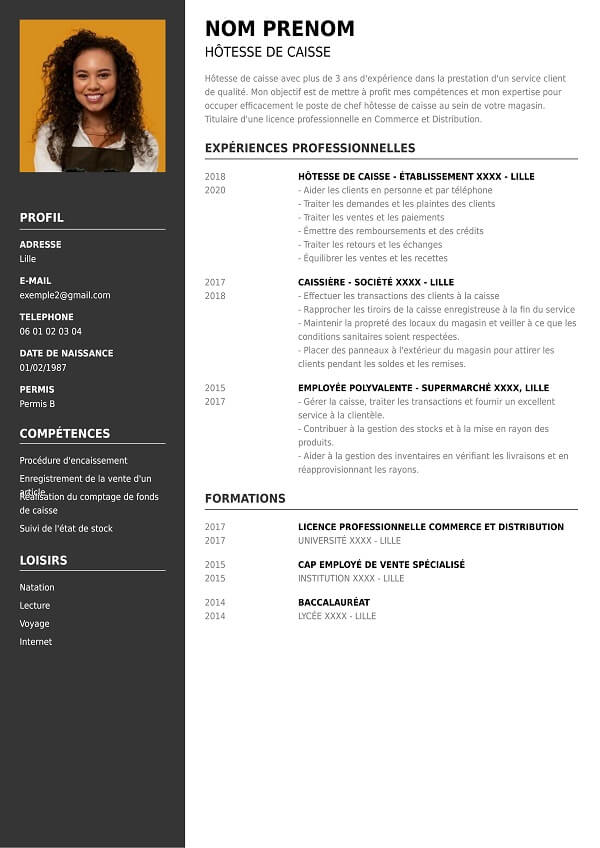 template CV classique pour hotesse de caisse