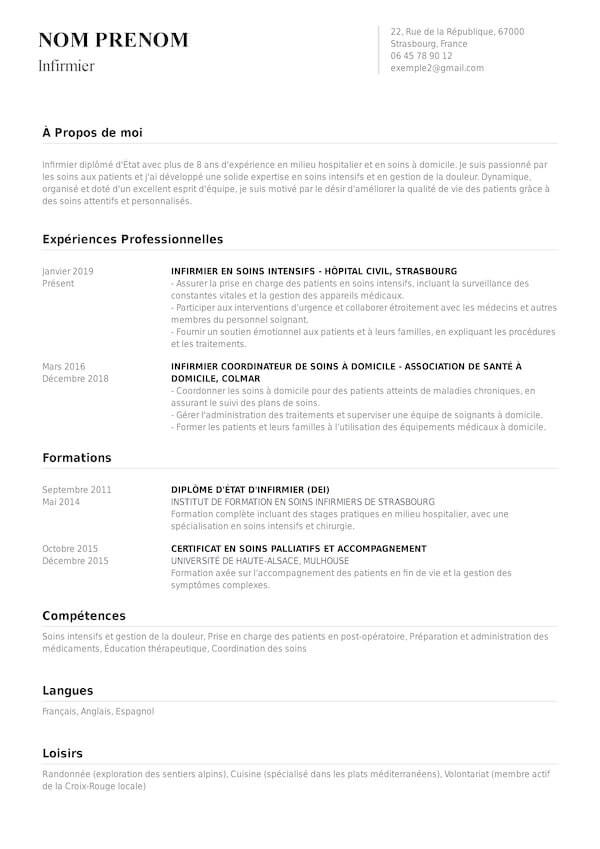 exemple de CV sans photo pour infirmière au format PDF