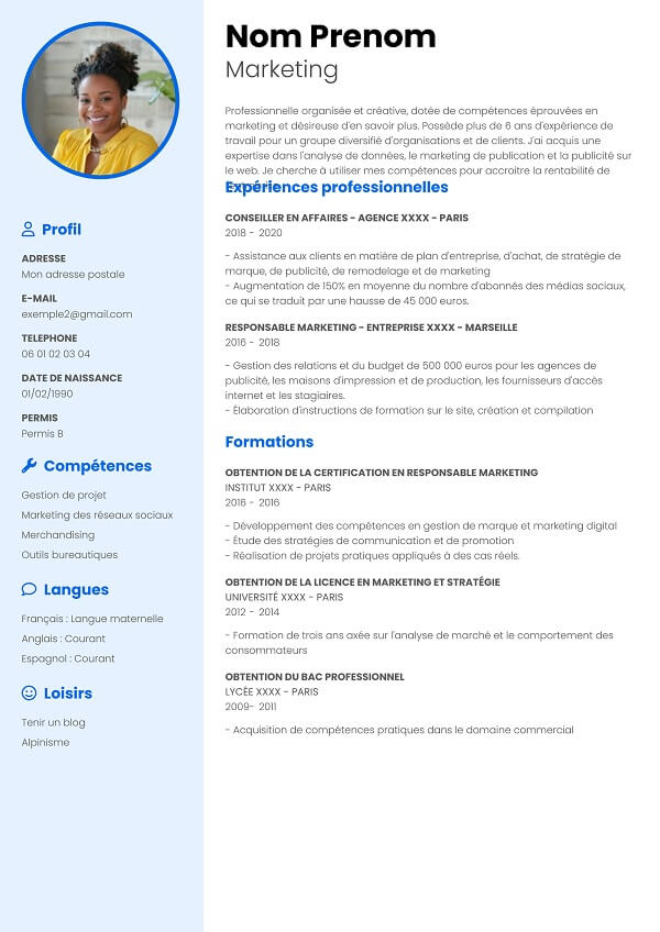 modele curriculum vitae bleu pour marketing