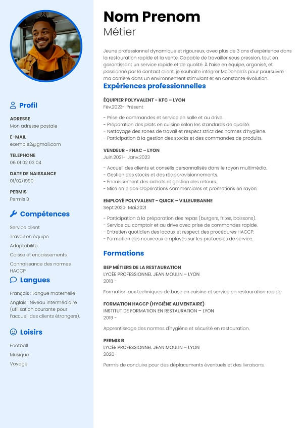 modele curriculum vitae bleu pour Mc Do