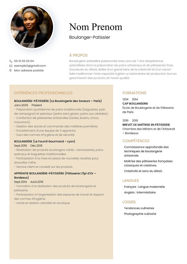 template CV marron pour boulanger patissier