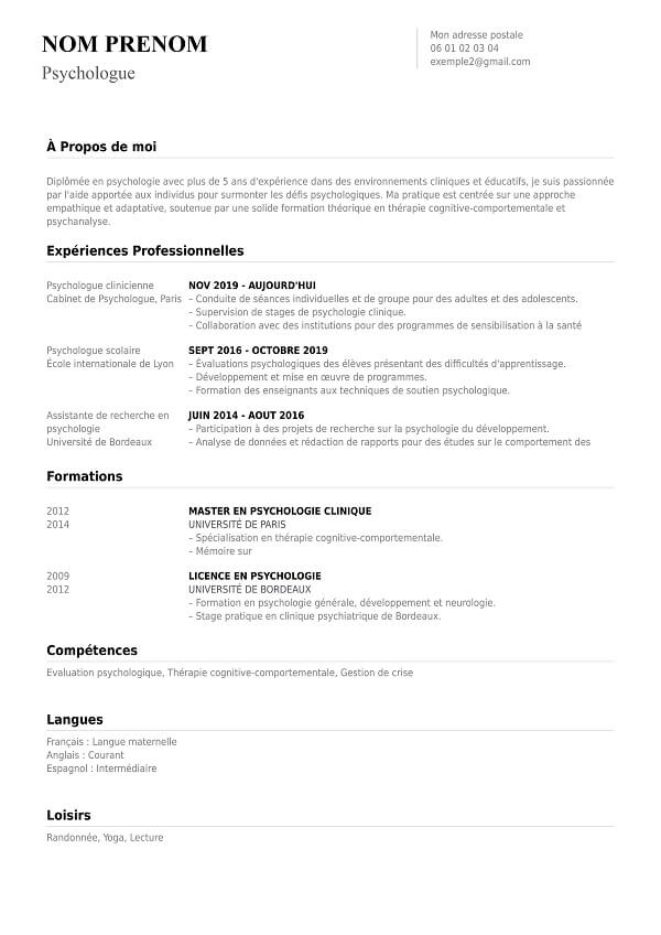 exemple de CV sans photo en PDF pour psychologue