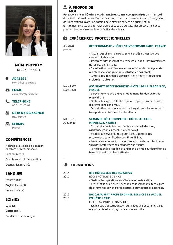 template CV au format PDF pour receptionniste