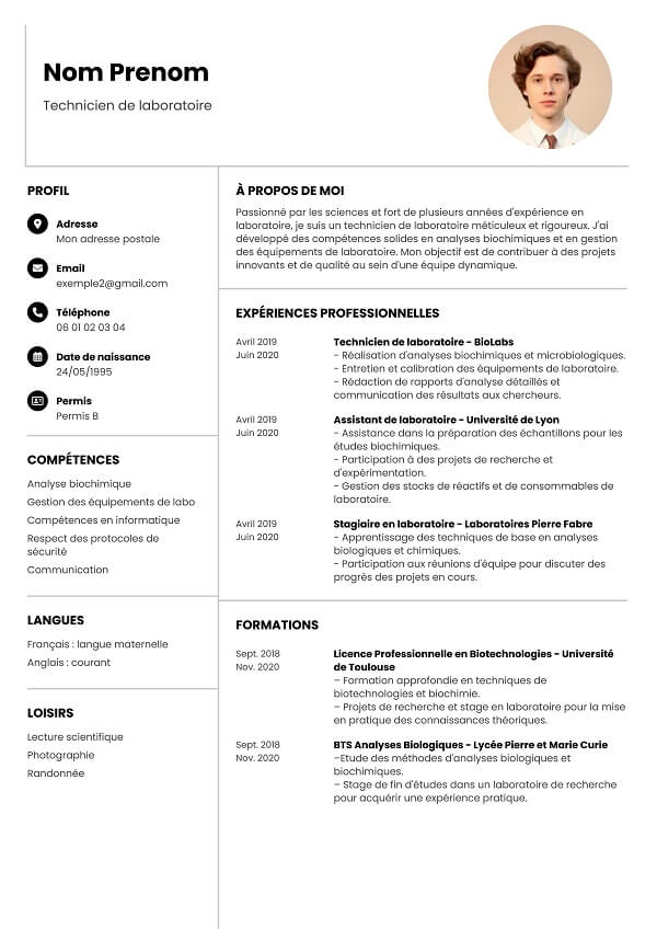 exemple de CV modèle word pour technicien de laboratoire