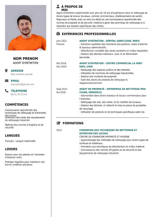 template CV en PDF à télécharger pour agent d'entretien