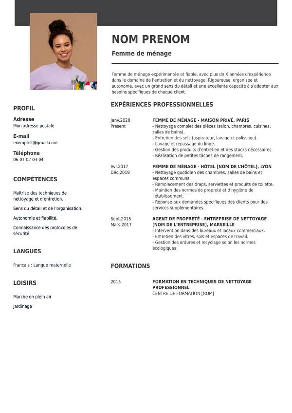 exemple de curriculum vitae classique pour femme de ménage