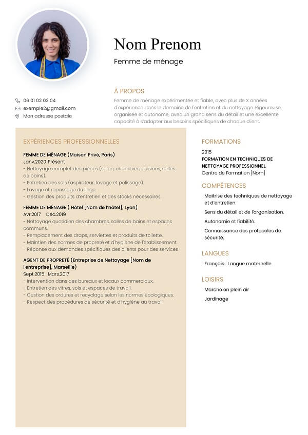 template CV marron pour femme de ménage