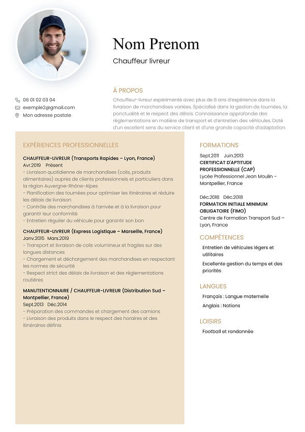 template CV marron chauffeur livreur