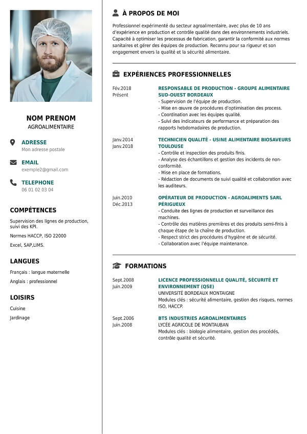 modele curriculum vitae en PDF agroalimentaire