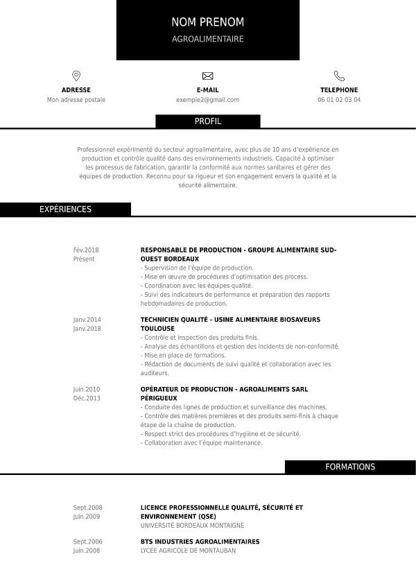 modele curriculum vitae simple agroalimentaire