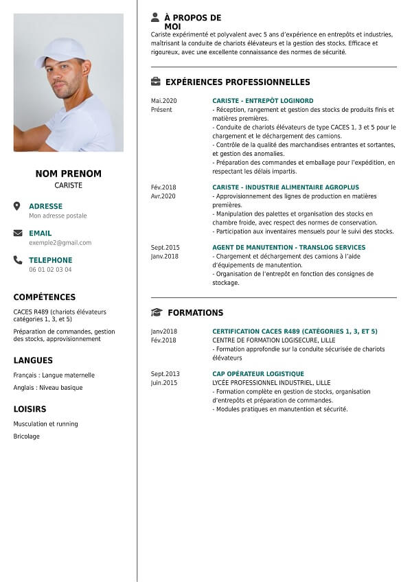 exemple de CV simple avec photo pour cariste