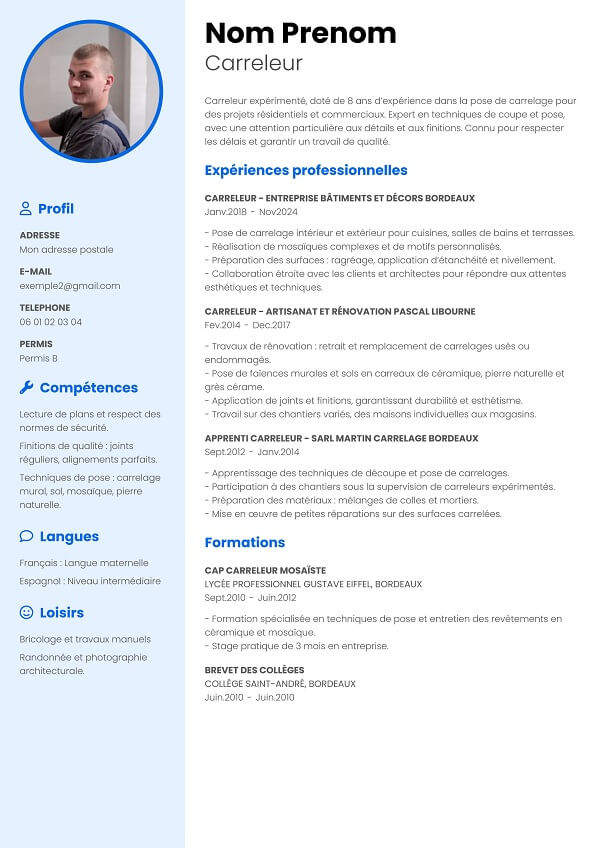 Curriculum vitae vierge bleu carreleur