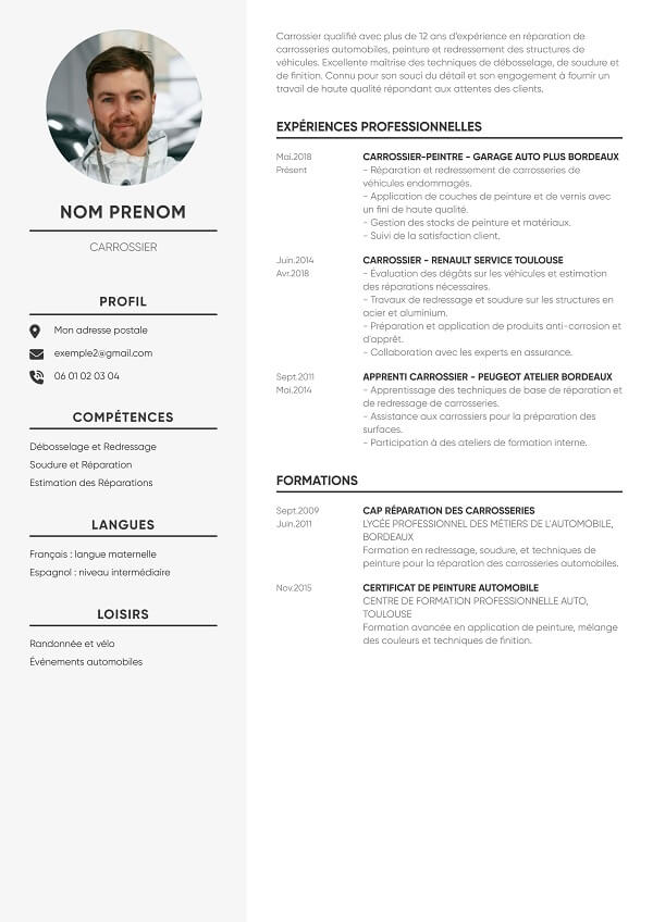 exemple CV design gris carrossier