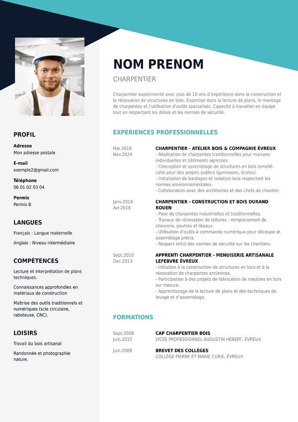 modele CV design en PDF charpentier