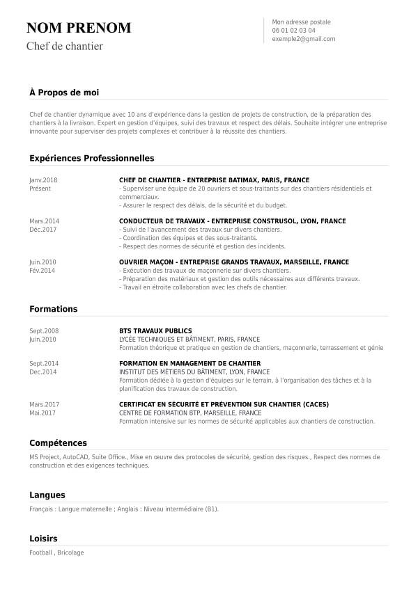 exemple CV chronologique PDF chef de chantier