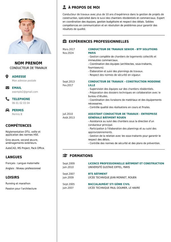 template CV simple au format PDF conducteur de travaux