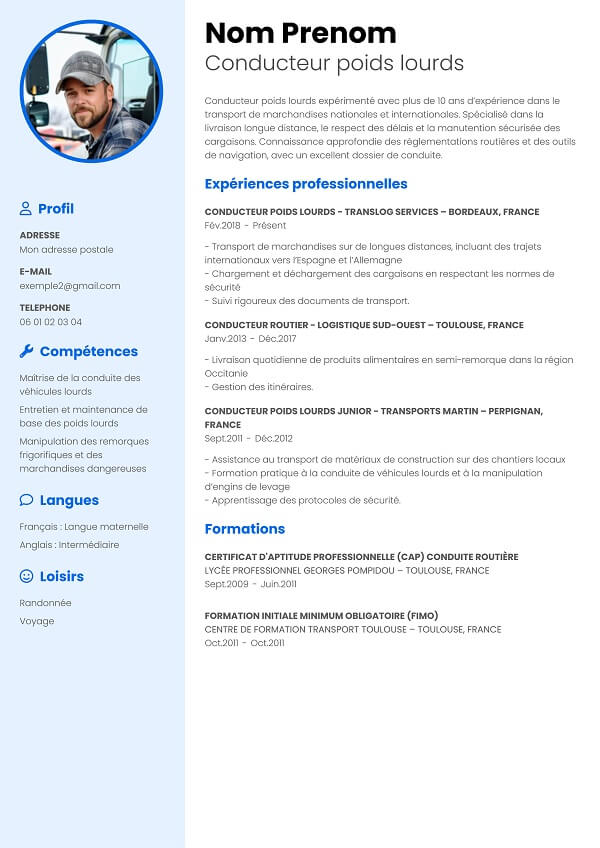 template CV classique bleu  conducteur poids lourds